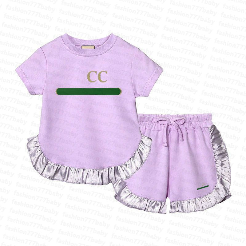 Neuer Stil Sommerdesigner Kinder Kleidung Sets T-Shirt Hosen Set Branddruck Kurzärmelige Spitze Kinder 2 Stück Baumwolle Baby Mädchen Mode Mädchen Kinderkleidung