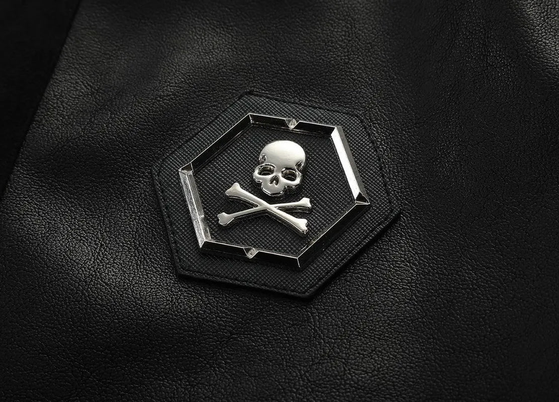 Schädel Strasssteine ​​PU Jacken Männer Schwarze High Street Stand-Hals Reißverschluss Rippe Streetwear Motorrad-Faux-Lederschichten 20119