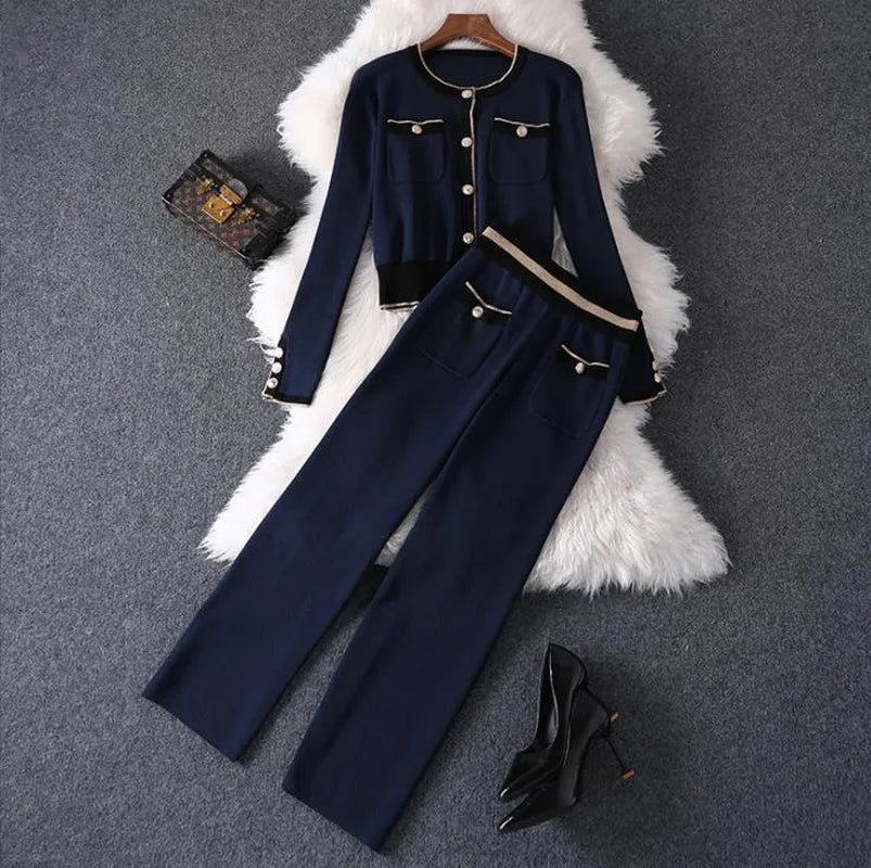 1110 2022 Lente Merk Dezelfde Stijl Twee Stukken Sets Ronde Hals Empire Blue Lange Mouw Hoge Kwaliteit Lange Broek MAIYU