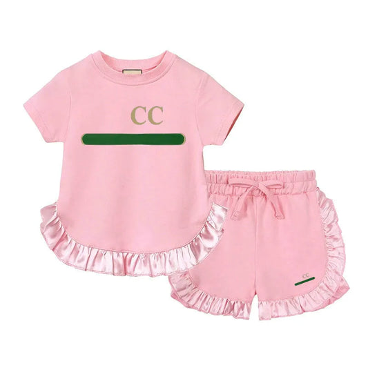 Neuer Stil Sommerdesigner Kinder Kleidung Sets T-Shirt Hosen Set Branddruck Kurzärmelige Spitze Kinder 2 Stück Baumwolle Baby Mädchen Mode Mädchen Kinderkleidung