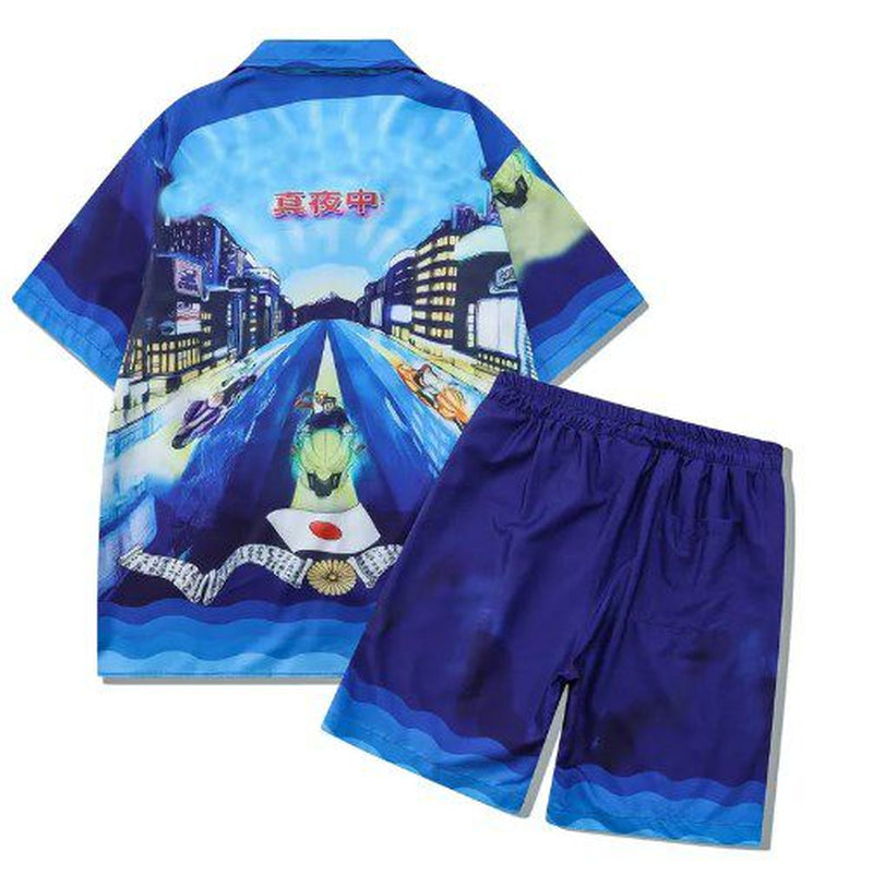 Herren -Trailsuits Herren Hawaiian Beach Set Urlaubshemden Für Männer Und Frauen Farbblockierende Gedruckte Shorts Set Set