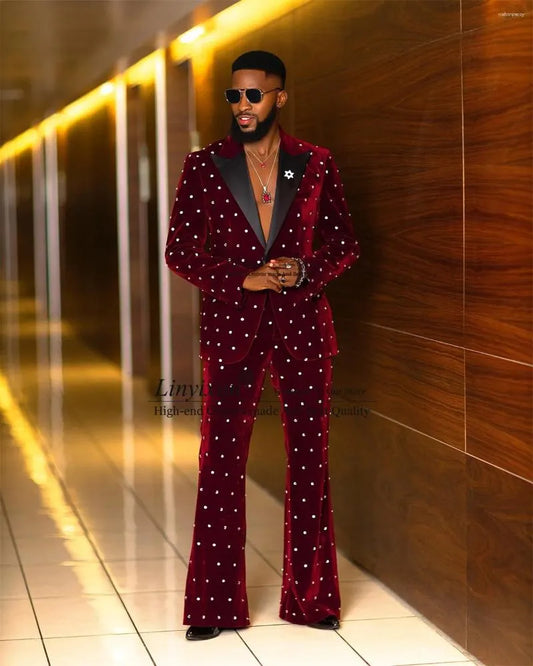Herrenanzüge Burgund Samt Männer Luxus Perlen Kristalle Hochzeitsbräutigam Smoking Slim Fit Männlicher Prom Blazer 2 Stück Sets Kostüm Homme