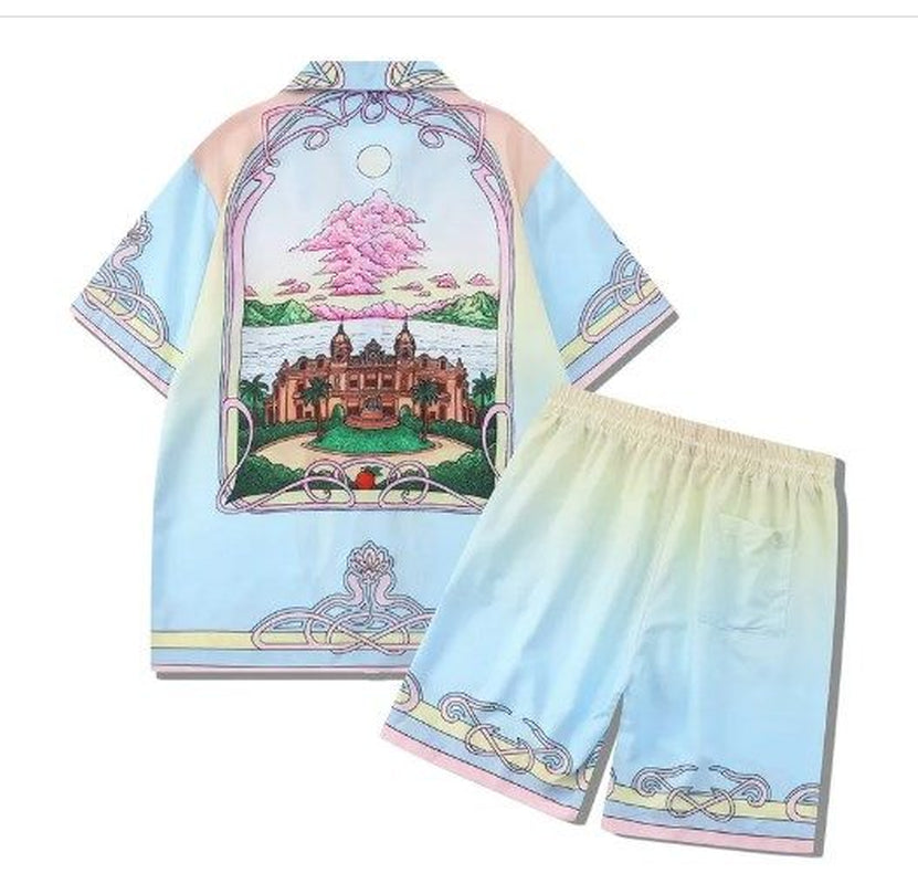 Herren -Trailsuits Herren Hawaiian Beach Set Urlaubshemden Für Männer Und Frauen Farbblockierende Gedruckte Shorts Set Set