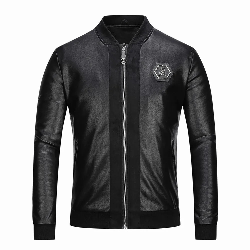 Schädel Strasssteine ​​PU Jacken Männer Schwarze High Street Stand-Hals Reißverschluss Rippe Streetwear Motorrad-Faux-Lederschichten 20119