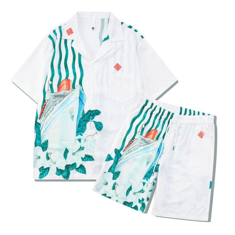 Herren -Trailsuits Herren Hawaiian Beach Set Urlaubshemden Für Männer Und Frauen Farbblockierende Gedruckte Shorts Set Set