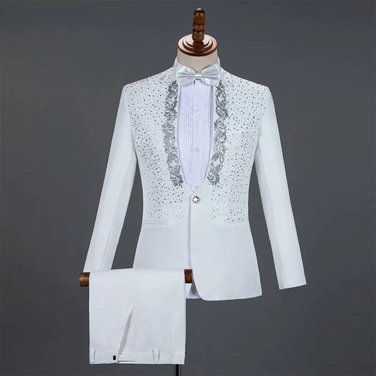 Weiße Funkelnde Kristalle Sticke Mens Anzüge Mit Hosen Hochzeitsbräutigam Smoking Anzug Männer Stand Collar Stage Kostüm