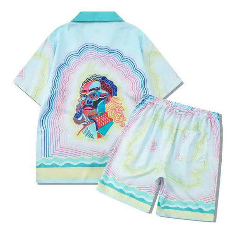 Herren -Trailsuits Herren Hawaiian Beach Set Urlaubshemden Für Männer Und Frauen Farbblockierende Gedruckte Shorts Set Set