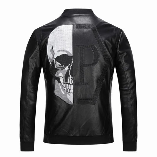 Schädel Strasssteine ​​PU Jacken Männer Schwarze High Street Stand-Hals Reißverschluss Rippe Streetwear Motorrad-Faux-Lederschichten 20119