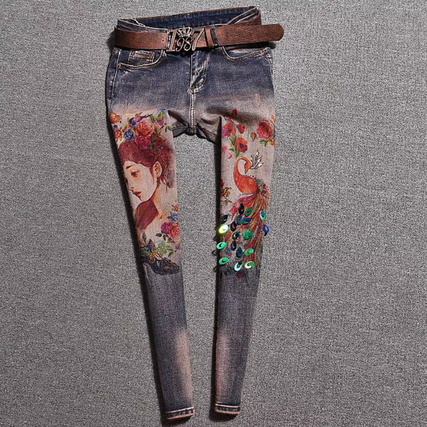 Spring Autumn Vintage Jeans Women Hot Stamping Painted Graffiti High Waist Skinny Pencil Jeans