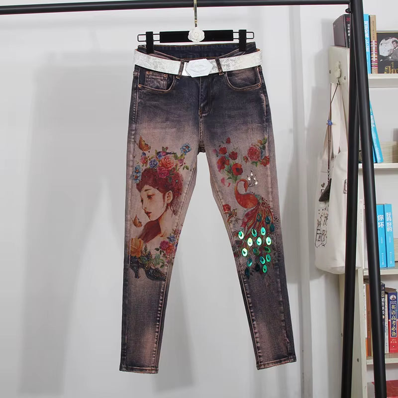 Spring Autumn Vintage Jeans Women Hot Stamping Painted Graffiti High Waist Skinny Pencil Jeans