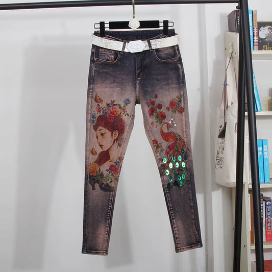Spring Autumn Vintage Jeans Women Hot Stamping Painted Graffiti High Waist Skinny Pencil Jeans