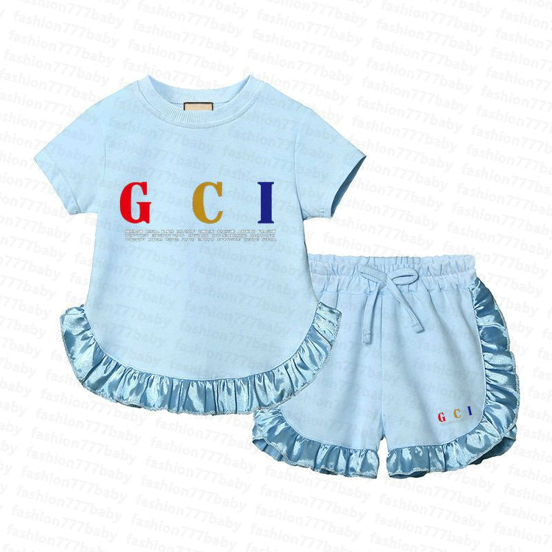 Neuer Stil Sommerdesigner Kinder Kleidung Sets T-Shirt Hosen Set Branddruck Kurzärmelige Spitze Kinder 2 Stück Baumwolle Baby Mädchen Mode Mädchen Kinderkleidung