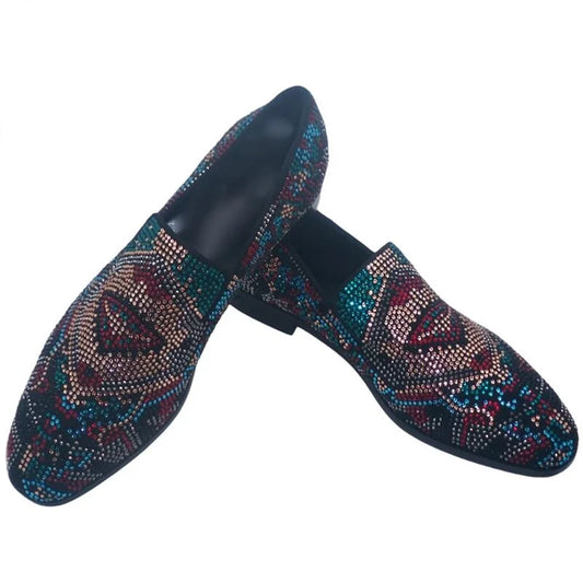 Stylish Mixed Colors Rhinestones Loafers Luxury Designer Suede Leather Mens Shoes Handmade Slip on Party Wedding Dress Shoes