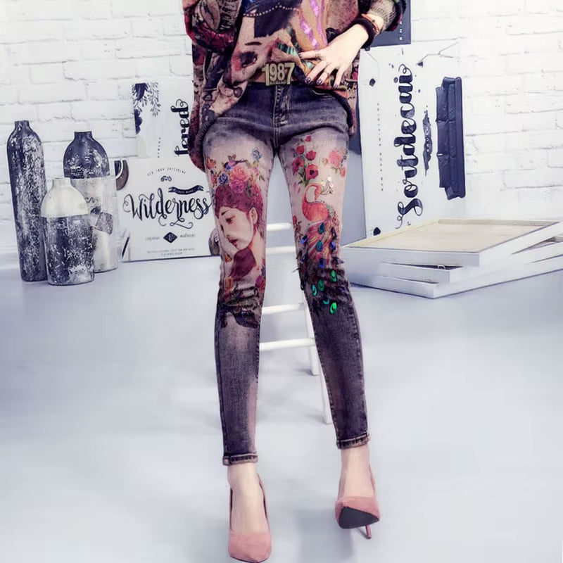 Spring Autumn Vintage Jeans Women Hot Stamping Painted Graffiti High Waist Skinny Pencil Jeans