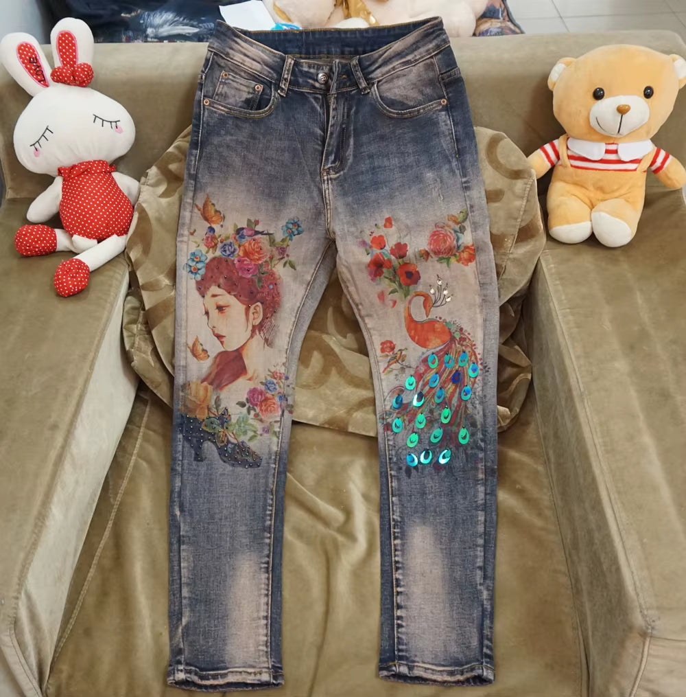 Spring Autumn Vintage Jeans Women Hot Stamping Painted Graffiti High Waist Skinny Pencil Jeans