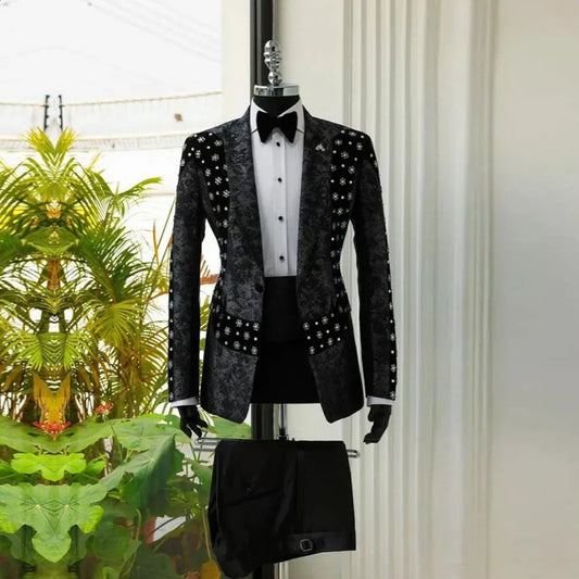 Elegante Bräutigam-Schwanzlack-Brennungskristallperlen Hochzeitskleid Für Herren Schlanker Anzug 2-Teiliger Herren-Ping-Pong-Kugel-Jacke Set 240814