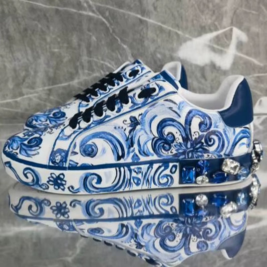 Genuine Leather Casual Shoes for Men Flats Masculine Blue and White Porcelain Zapatillas Hombre Luxury Designer Diamond Shoes