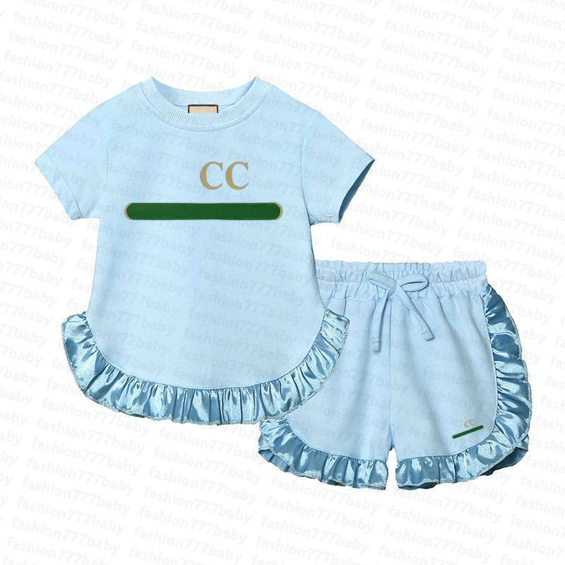 Neuer Stil Sommerdesigner Kinder Kleidung Sets T-Shirt Hosen Set Branddruck Kurzärmelige Spitze Kinder 2 Stück Baumwolle Baby Mädchen Mode Mädchen Kinderkleidung