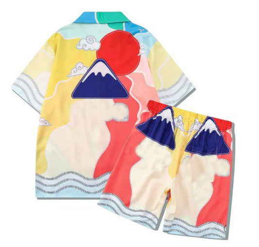 Herren -Trailsuits Herren Hawaiian Beach Set Urlaubshemden Für Männer Und Frauen Farbblockierende Gedruckte Shorts Set Set