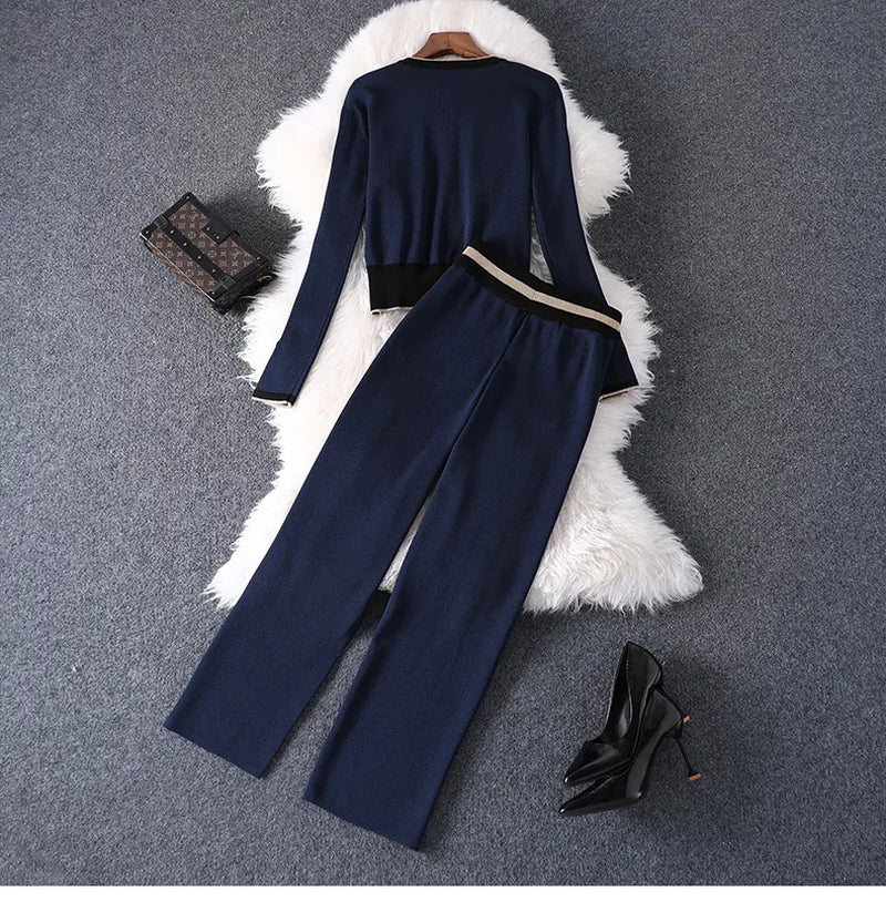 1110 2022 Lente Merk Dezelfde Stijl Twee Stukken Sets Ronde Hals Empire Blue Lange Mouw Hoge Kwaliteit Lange Broek MAIYU