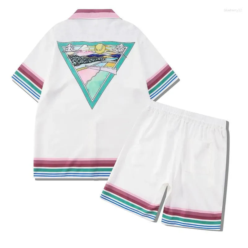Herren -Trailsuits Herren Hawaiian Beach Set Urlaubshemden Für Männer Und Frauen Farbblockierende Gedruckte Shorts Set Set
