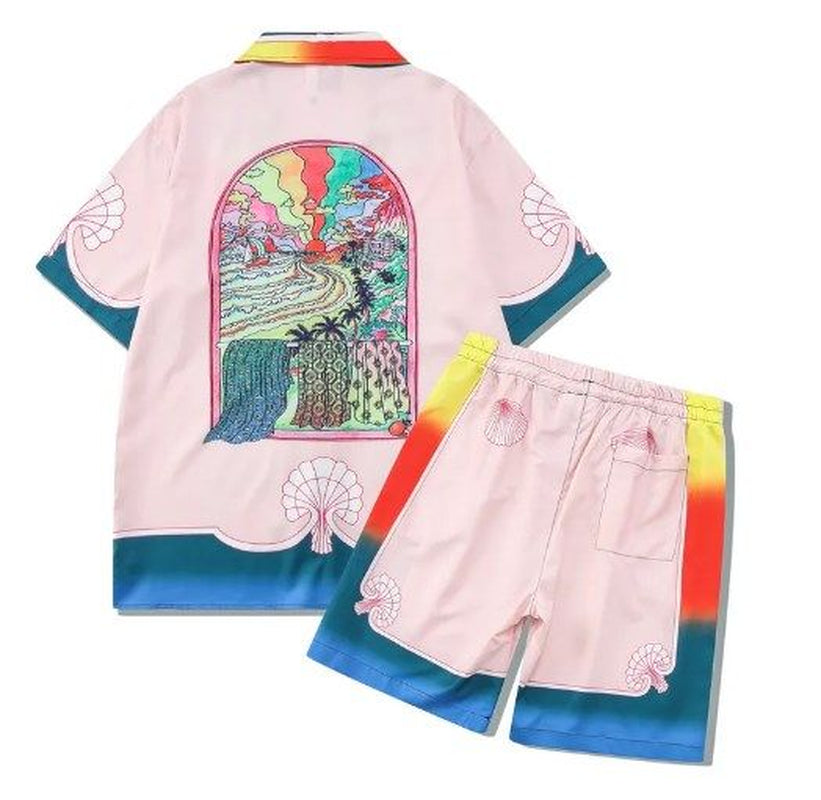 Herren -Trailsuits Herren Hawaiian Beach Set Urlaubshemden Für Männer Und Frauen Farbblockierende Gedruckte Shorts Set Set