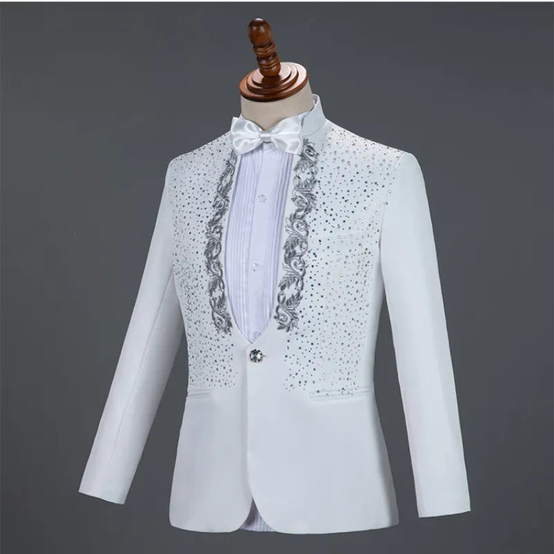 Weiße Funkelnde Kristalle Sticke Mens Anzüge Mit Hosen Hochzeitsbräutigam Smoking Anzug Männer Stand Collar Stage Kostüm