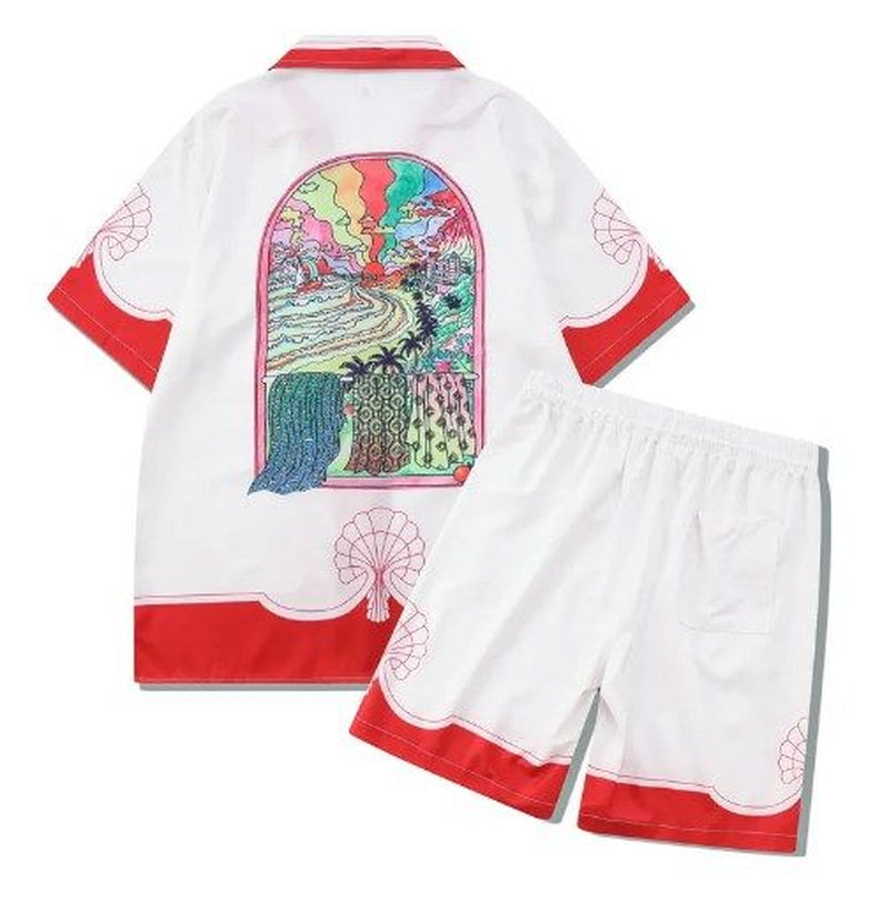 Herren -Trailsuits Herren Hawaiian Beach Set Urlaubshemden Für Männer Und Frauen Farbblockierende Gedruckte Shorts Set Set