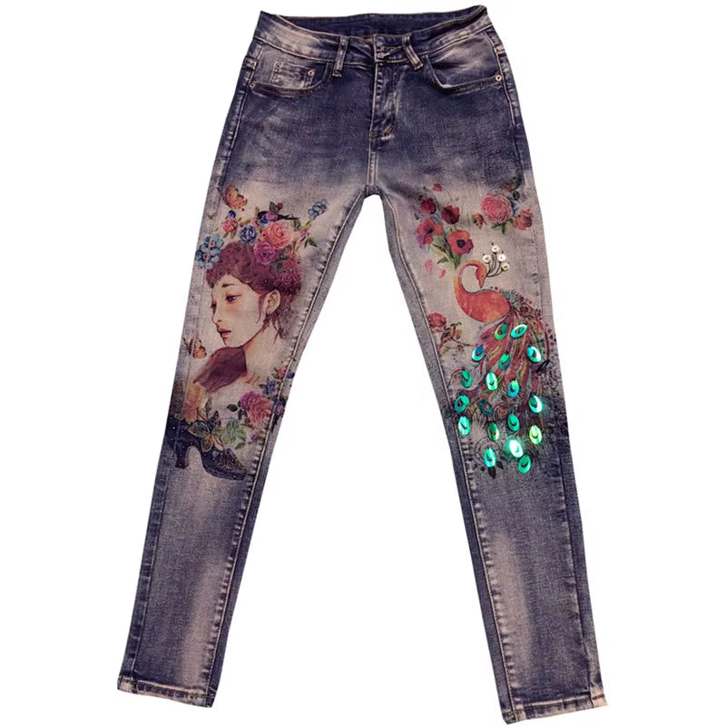 Spring Autumn Vintage Jeans Women Hot Stamping Painted Graffiti High Waist Skinny Pencil Jeans