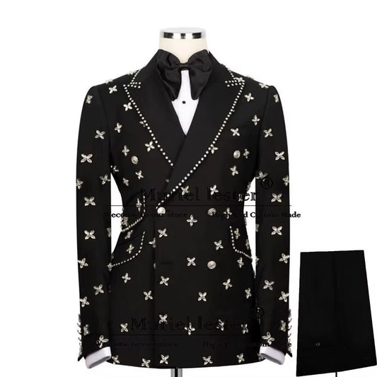Luxury Diamond Beaded Stone Suit Men Slim Fit Double Breasted Prom Blazer Customized 2-Piece Groom Wedding Tuxedo Man Clothing