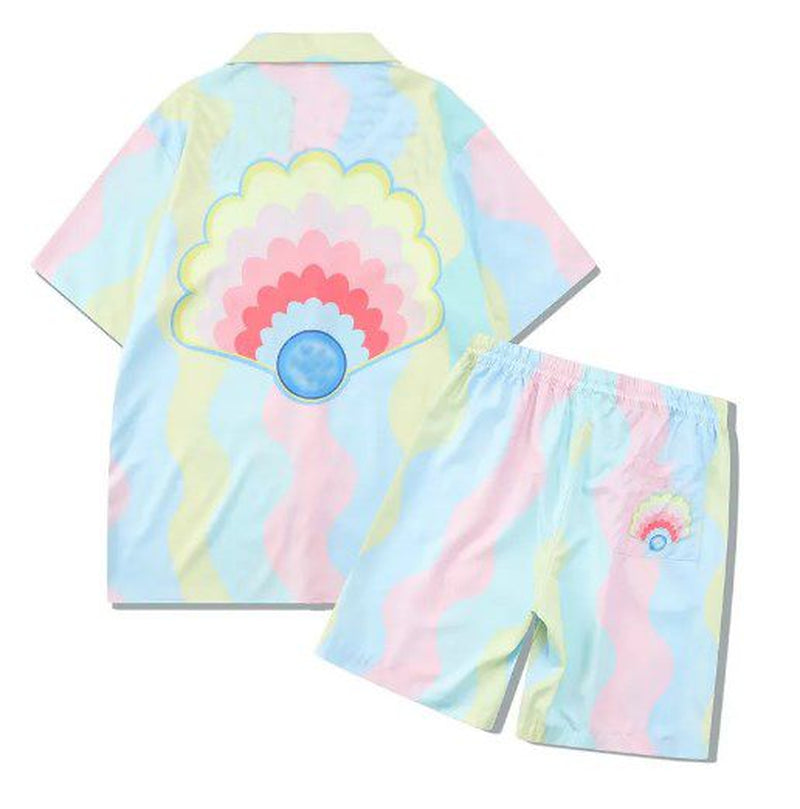 Herren -Trailsuits Herren Hawaiian Beach Set Urlaubshemden Für Männer Und Frauen Farbblockierende Gedruckte Shorts Set Set