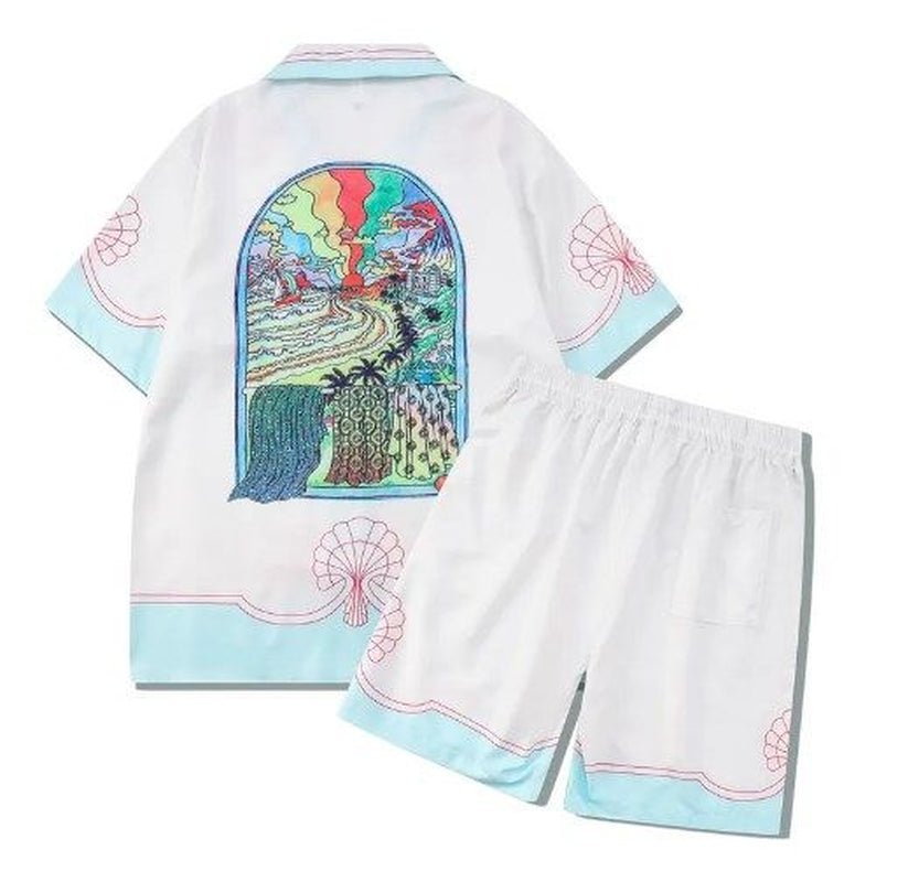 Herren -Trailsuits Herren Hawaiian Beach Set Urlaubshemden Für Männer Und Frauen Farbblockierende Gedruckte Shorts Set Set
