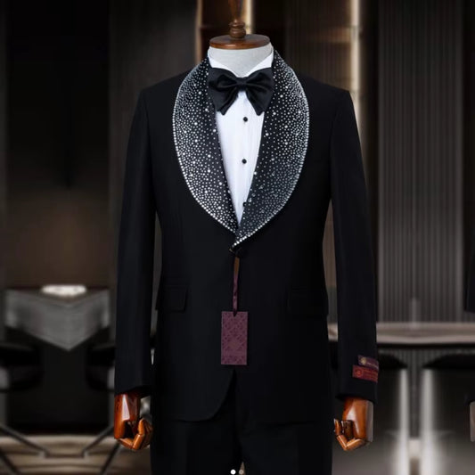 Black Men Suits with Beaded Crystal Wedding Groom Tuxedos 2 Pieces Sets Male Prom Formal Party Blazer Slim Fit Costume Homme